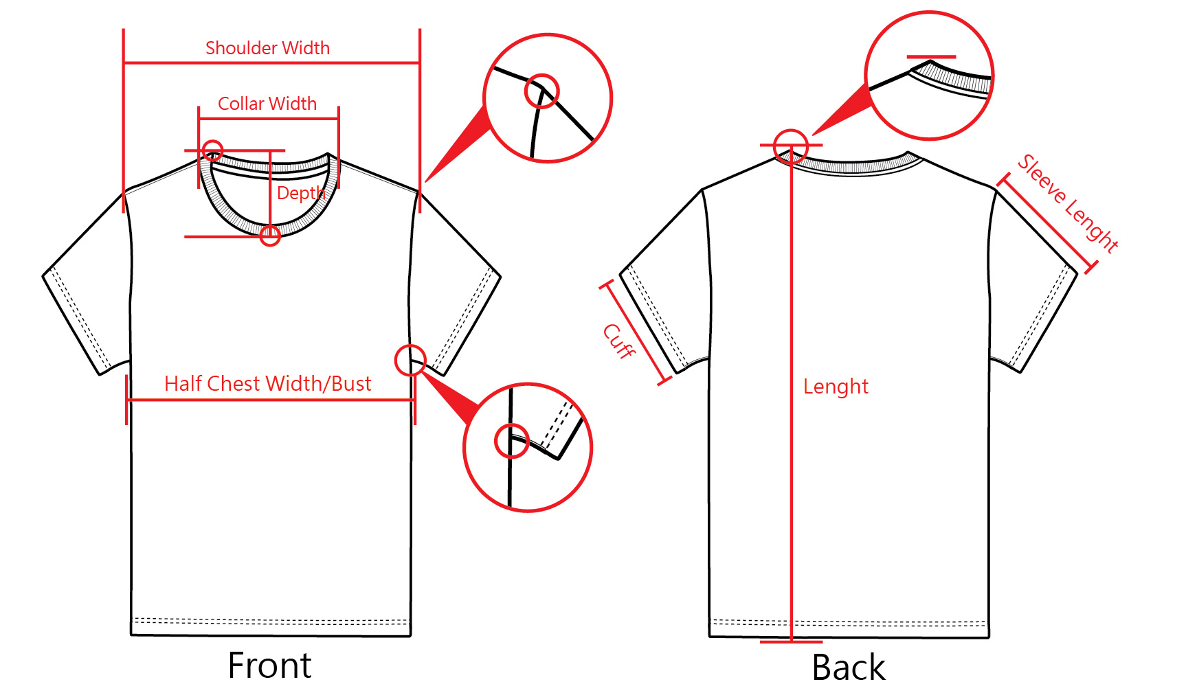 Size Chart of Short-Sleeved T-Shirt - each Design and Uniform