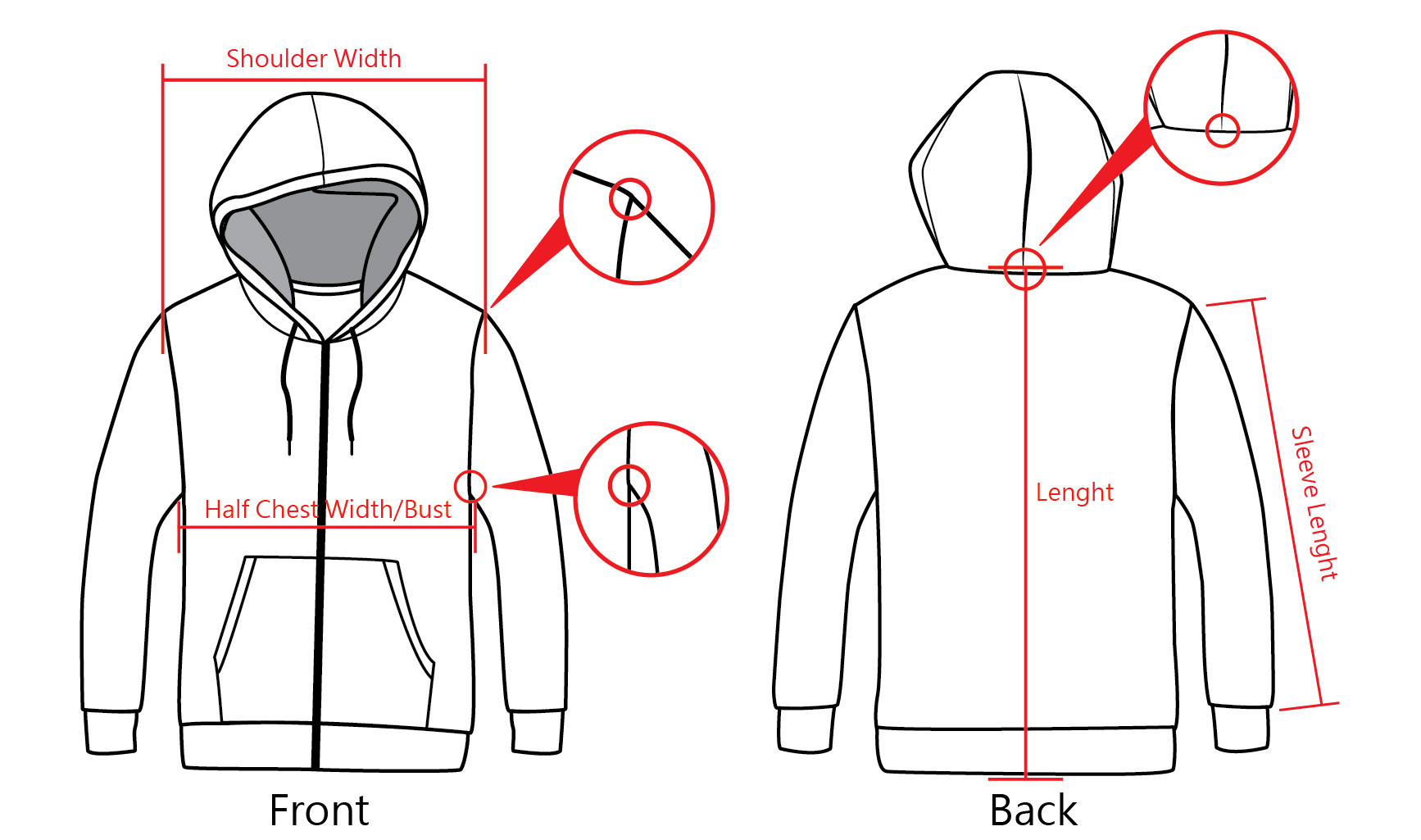 Size Chart of Zipper Hoodies - each Design and Uniform Store